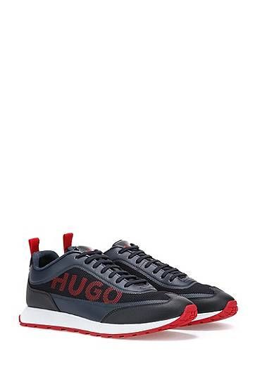 Logo trainers in open mesh and rubberised faux leather