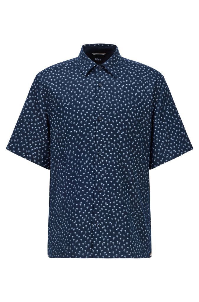 Regular-fit shirt in printed stretch-linen chambray