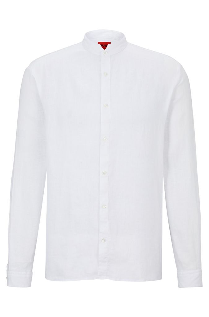Collarless slim-fit shirt in linen with stand collar