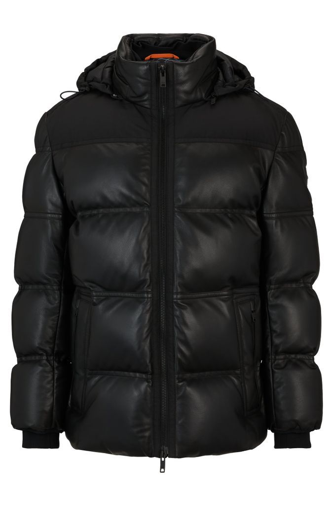Nappa-leather hooded puffer jacket with technical fabric details