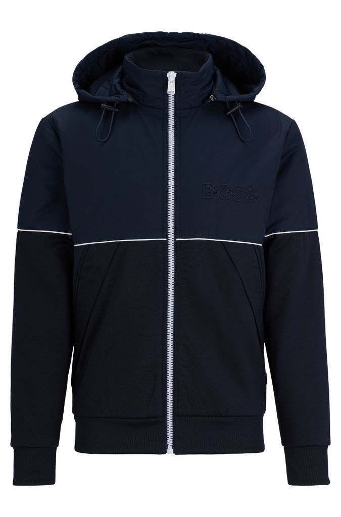 Hybrid zip-up hoodie with piping and raised logo