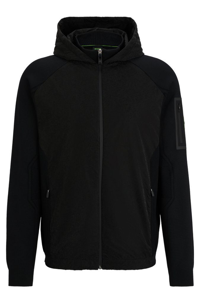 Mixed-material zip-up hoodie with signature sleeve pocket