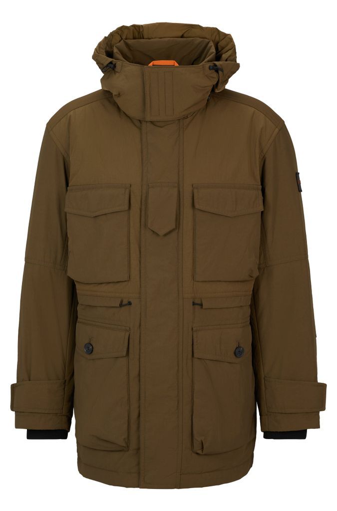 Mixed-material hooded jacket with water-repellent finish