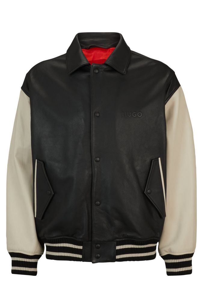 Leather varsity jacket with oversized embossed logo