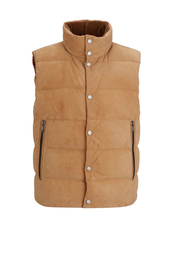 Reversible down gilet in nubuck leather and cotton