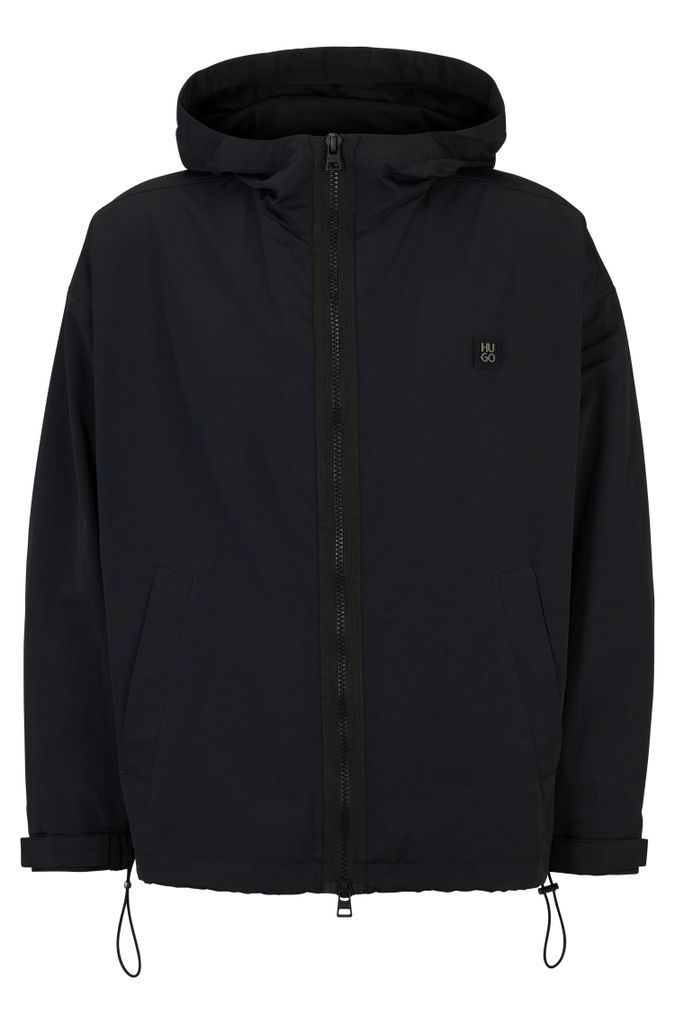 Water-repellent hooded windbreaker with stacked-logo badge