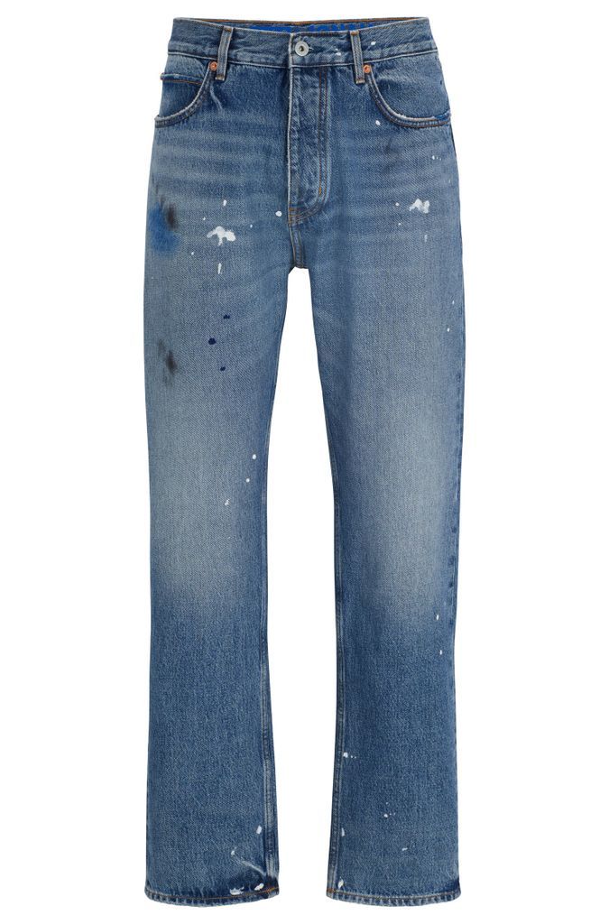 Regular-fit jeans in mid-blue paint-splashed denim