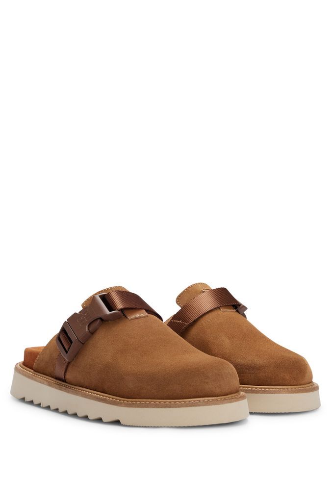 Suede slip-on shoes with buckled strap