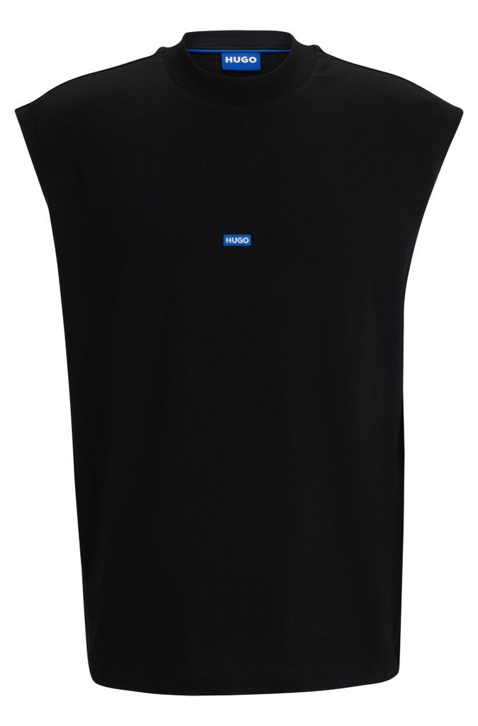 Sleeveless cotton-jersey T-shirt with blue logo label