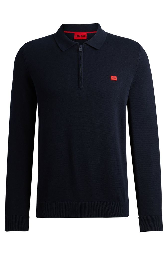 Zip-neck cotton sweater with red logo label