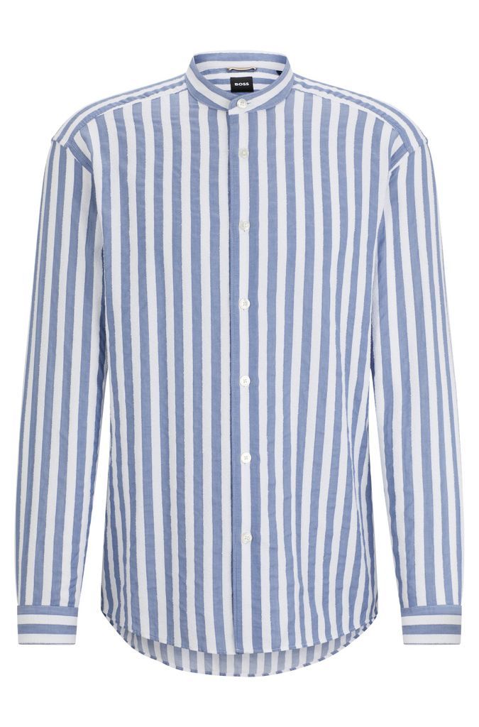 Collarless relaxed-fit shirt in striped cotton-blend bouclé