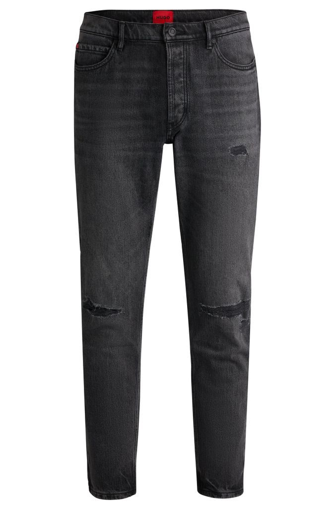 Tapered-fit jeans in black distressed denim