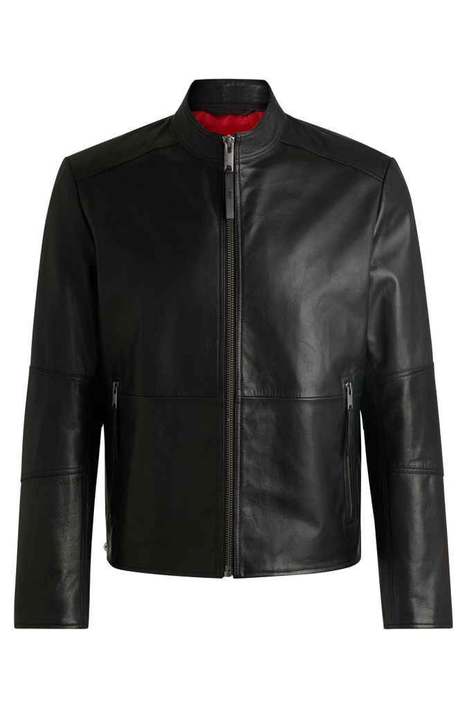 Slim-fit jacket in leather with stand collar