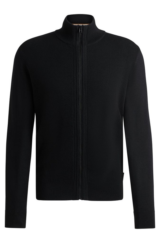 Zip-up cardigan in virgin wool with mixed structures
