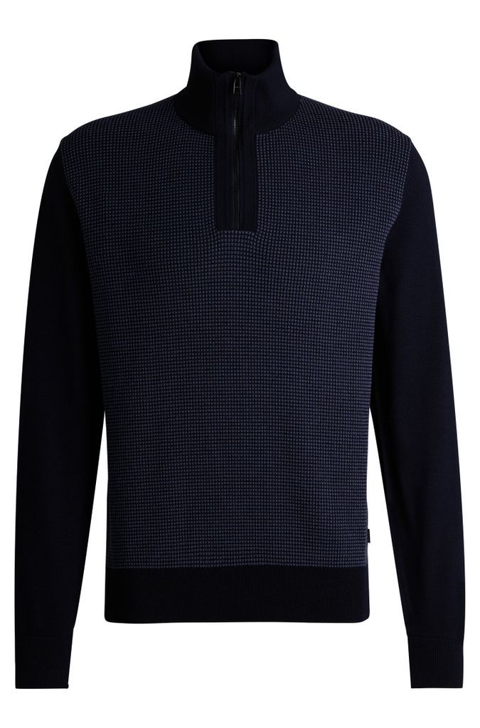 Virgin-wool zip-neck sweater with mixed structures