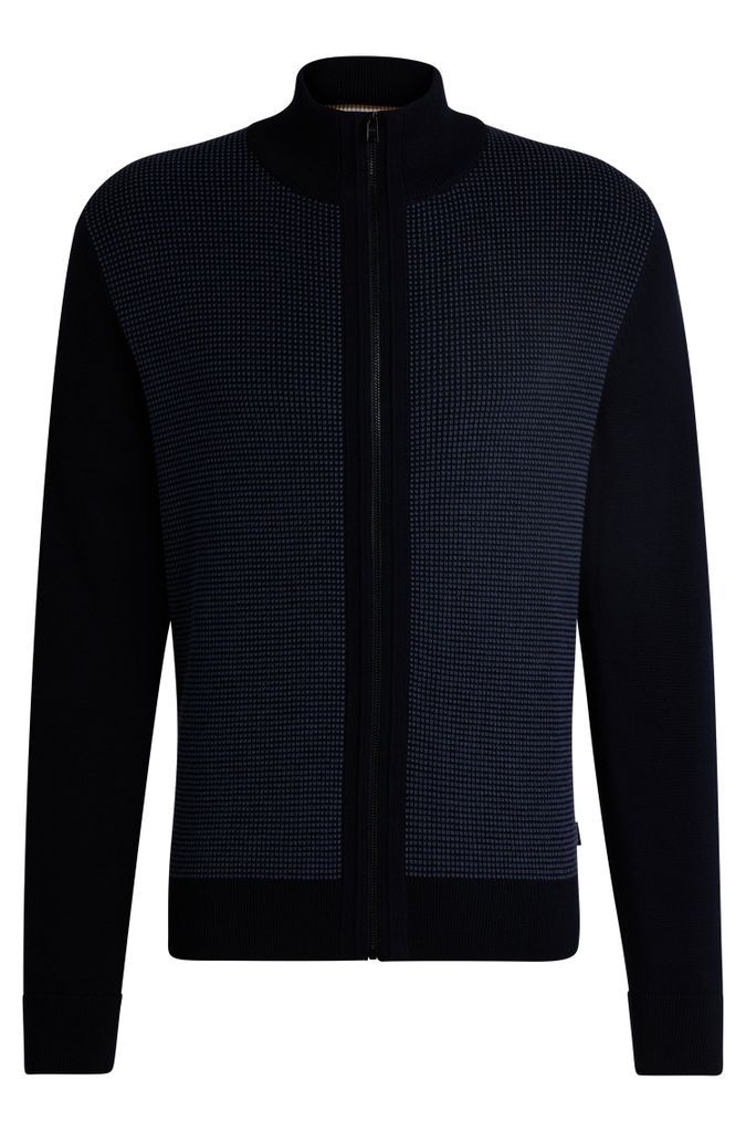 Zip-up cardigan in virgin wool with mixed structures