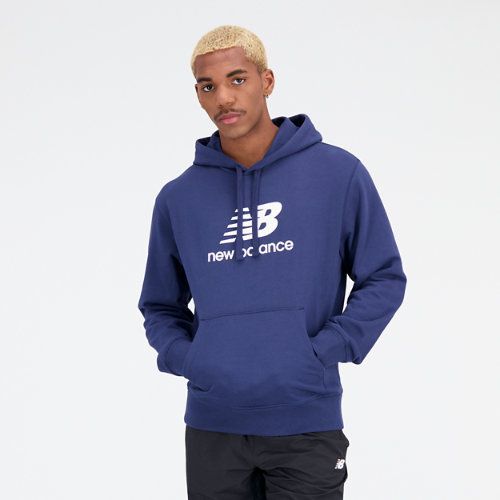 Men's Essentials Stacked Logo French Terry Hoodie in Blue/Bleu Cotton Fleece, size 2X-Large