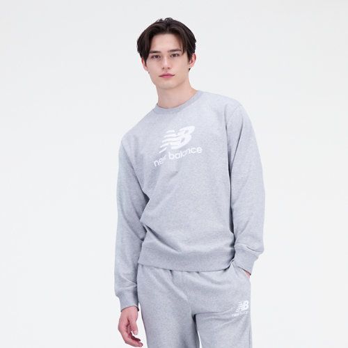 Men's Essentials Stacked Logo French Terry Crewneck in Grey/Gris Cotton Fleece, size 2X-Large