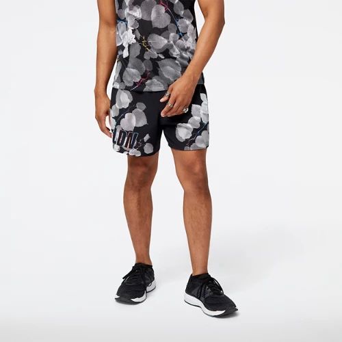 Men's London Edition Printed Impact Run 5 Inch Short in Black/Noir Polywoven, size Large