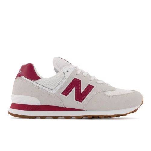 Men's 574 in White/blanc/Red/rouge Suede/Mesh, size 5.5