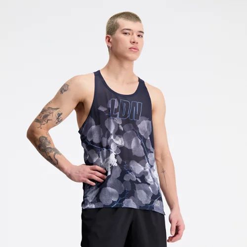 Men's London Edition Printed Impact Run Singlet in Blue/Bleu Poly Knit, size Small