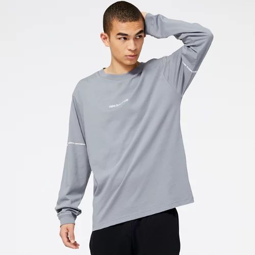 Men's NB Essentials Graphic Long Sleeve in Grey/Gris Cotton, size Large