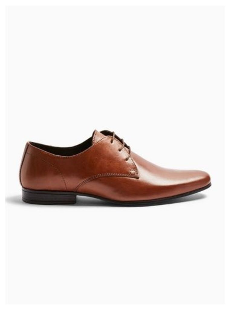 Mens Brown Tan Leather Bright Derby Shoes, Brown