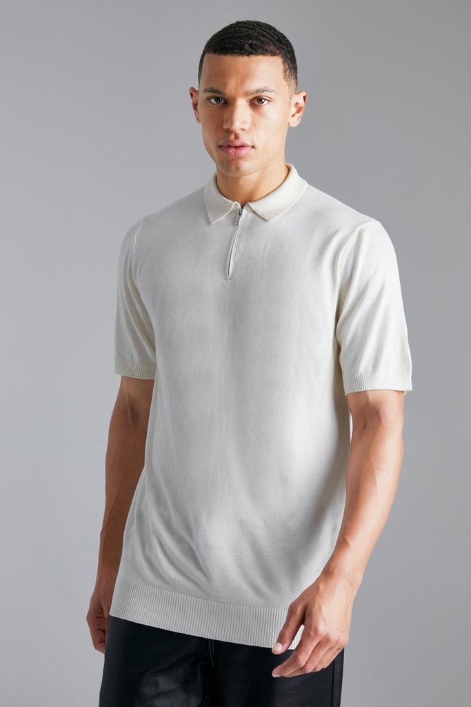Men's Tall Short Sleeve Half Zip Knitted Polo - White - S, White