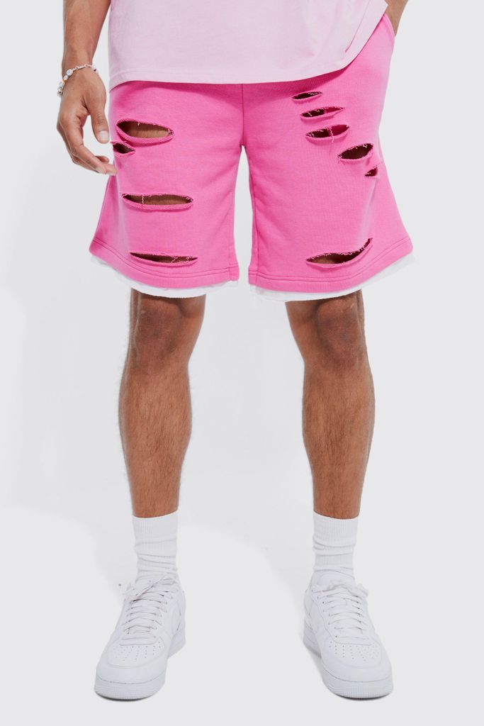 Men's Oversized Mid Length Distressed Short - Pink - S, Pink