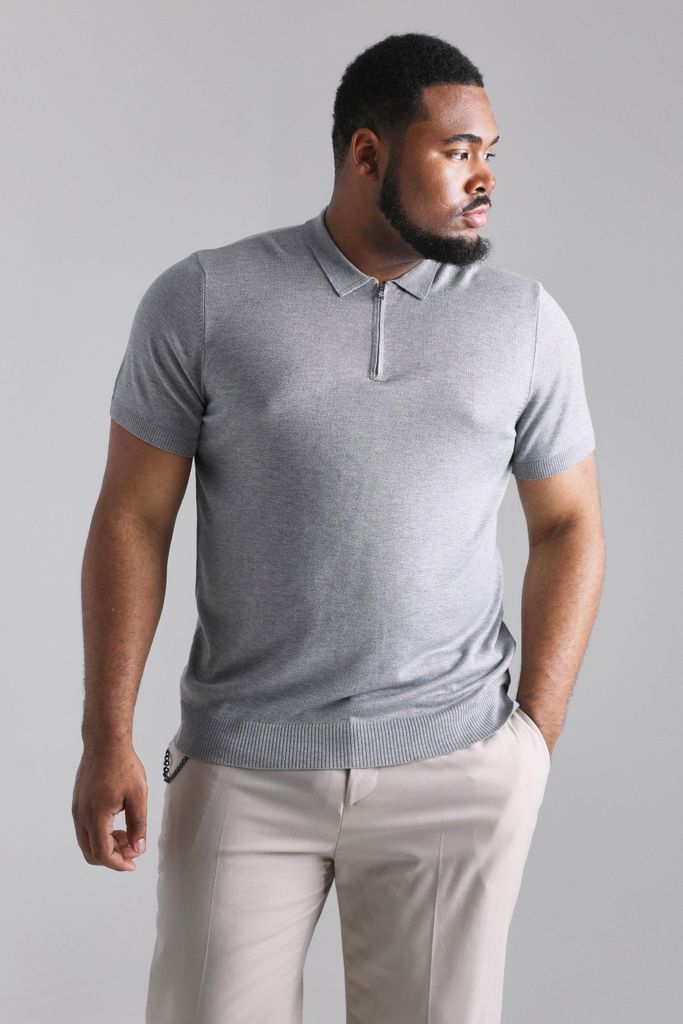 Men's Plus Short Sleeve Half Zip Knitted Polo - Grey - Xxl, Grey