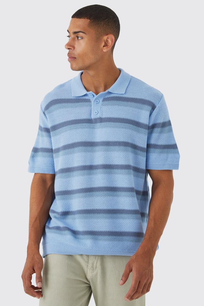 Men's Oversized Boxy Ombre Striped Knitted Polo - Blue - S, Blue