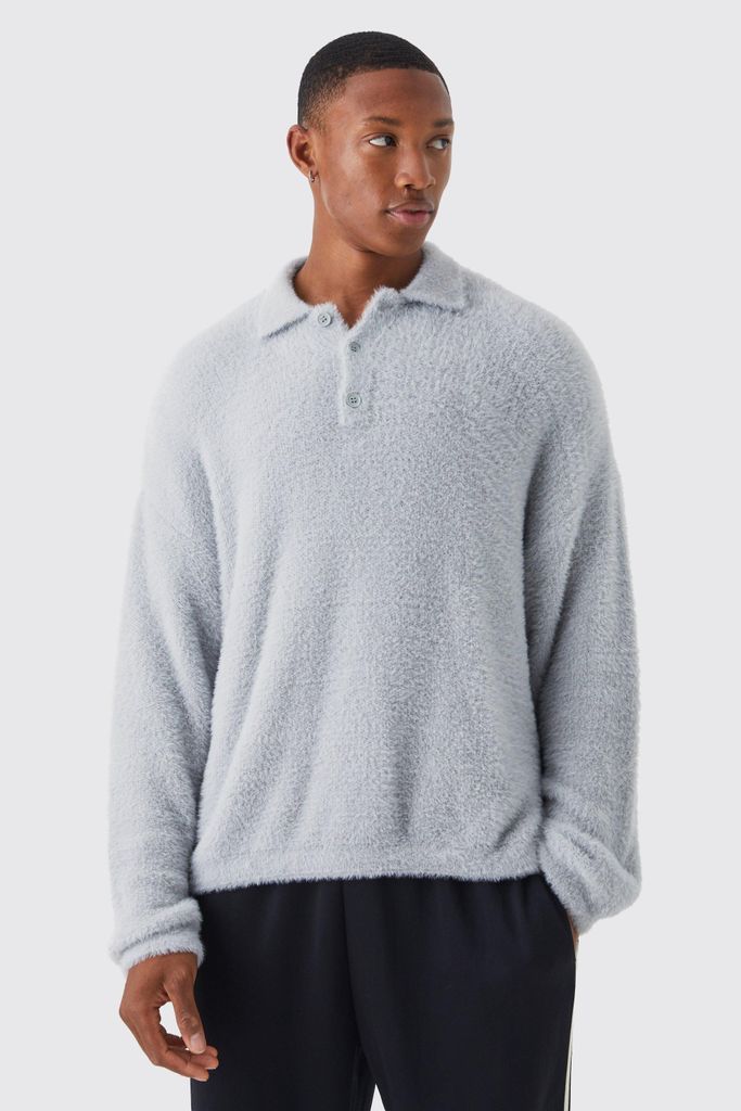 Men's Boxy Fluffy Knitted Polo - Grey - S, Grey