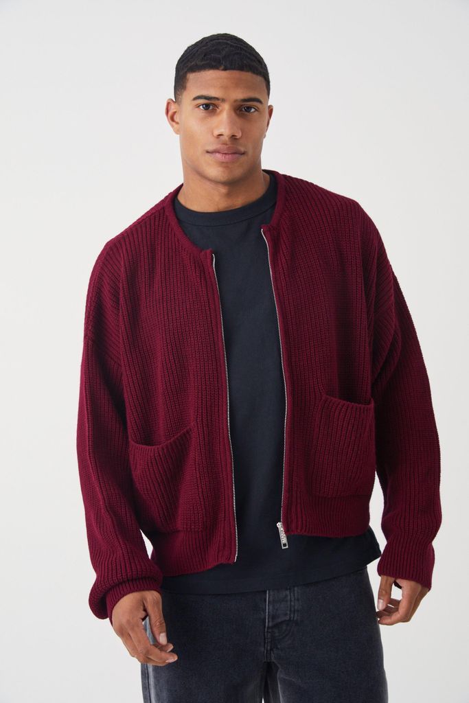 Men's Oversized Pleated Knitted Bomber - Red - S, Red