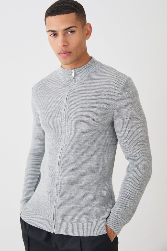 Men's Muscle Fit Zip Through Rib Knit Jacket - Grey - S, Grey